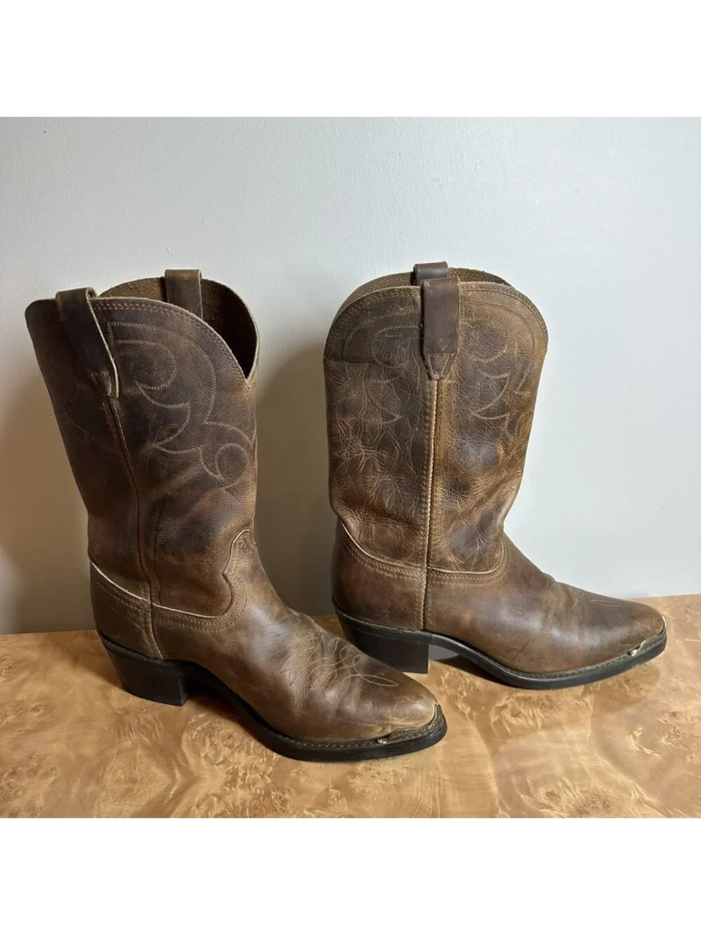 Durango Men's 10D Brown Distressed Leather Western Cowboy Boots Snip Toe Harness